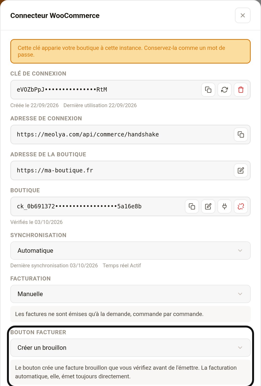 Fenêtre de configuration du connecteur WooCommerce