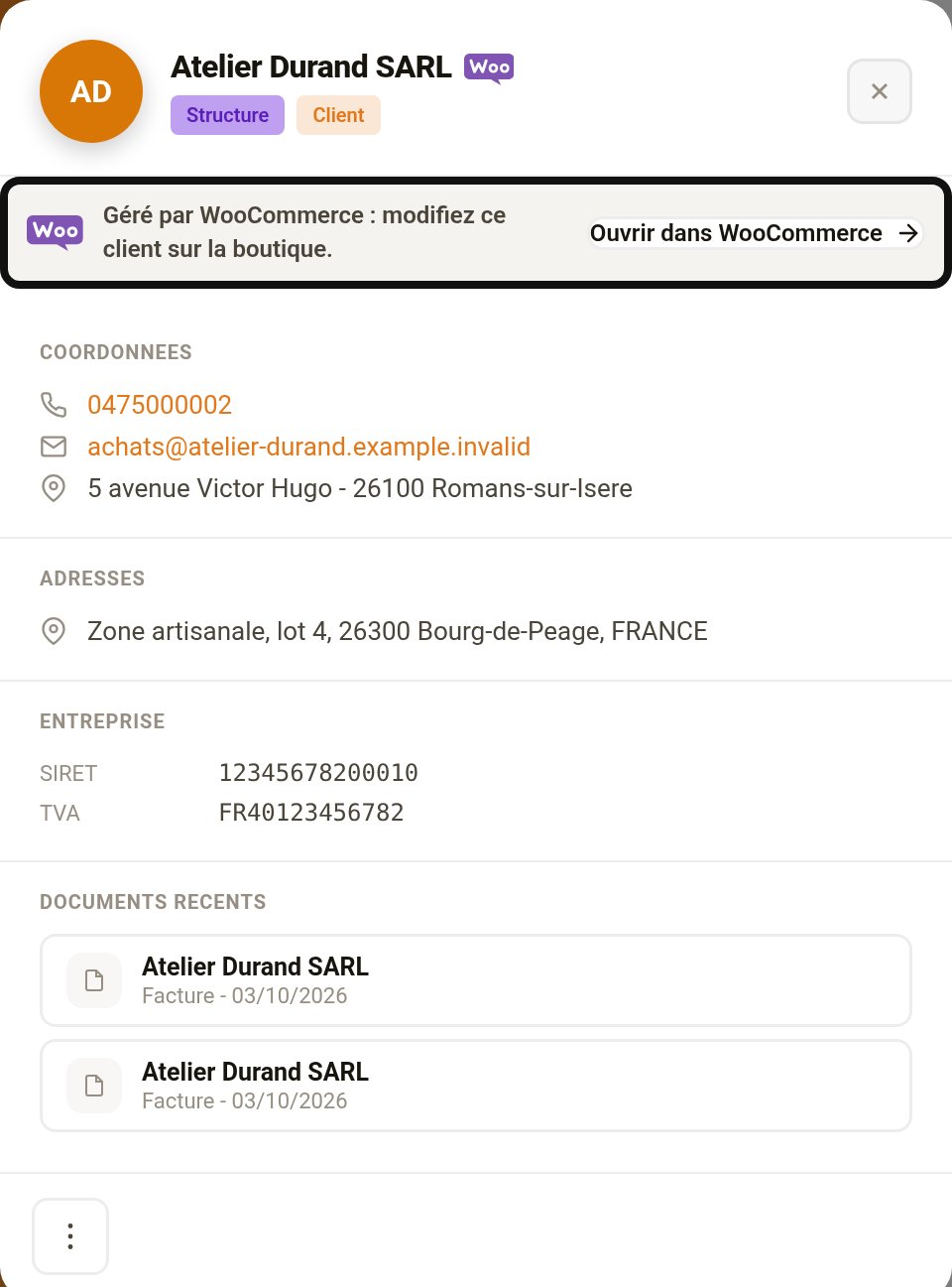 Fiche client liée à WooCommerce dans Meolya