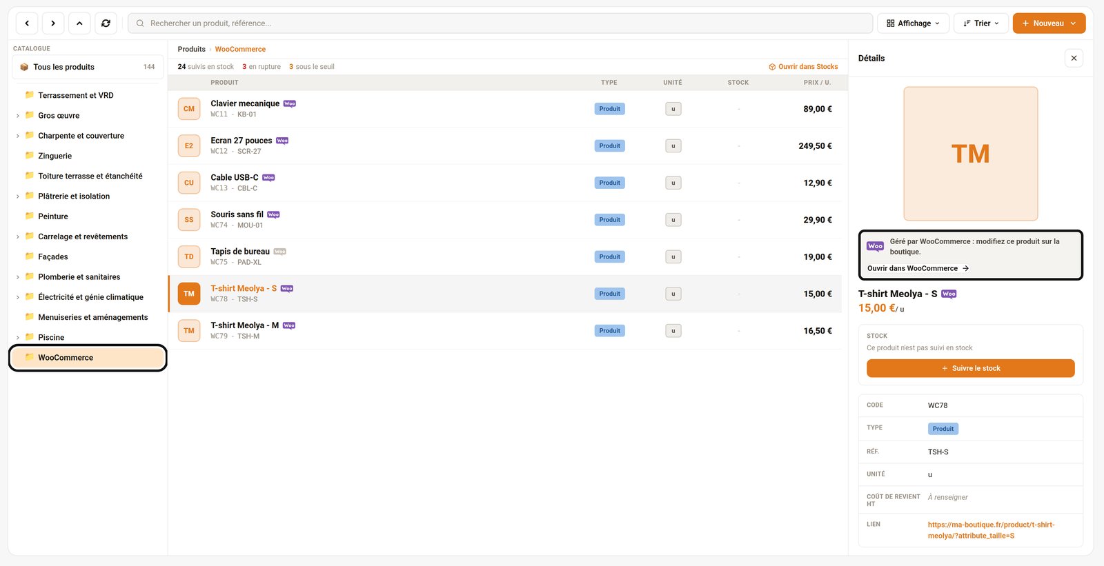 Catalogue Meolya avec les produits synchronisés depuis WooCommerce