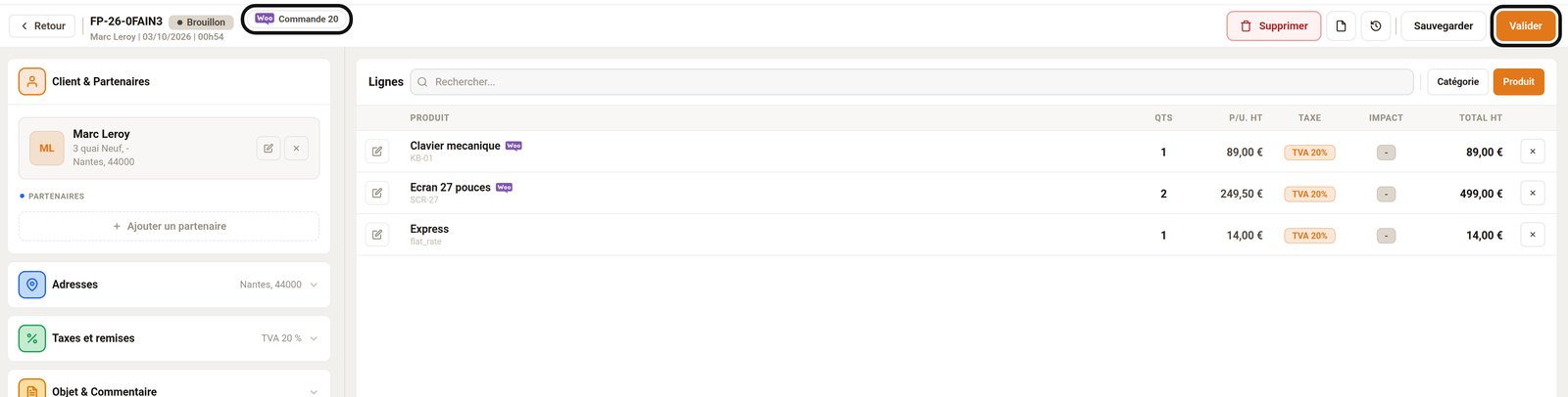 Facture brouillon créée depuis une commande WooCommerce