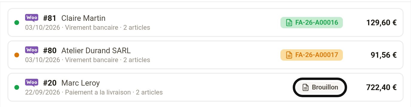 Commande WooCommerce dont la facture est en brouillon