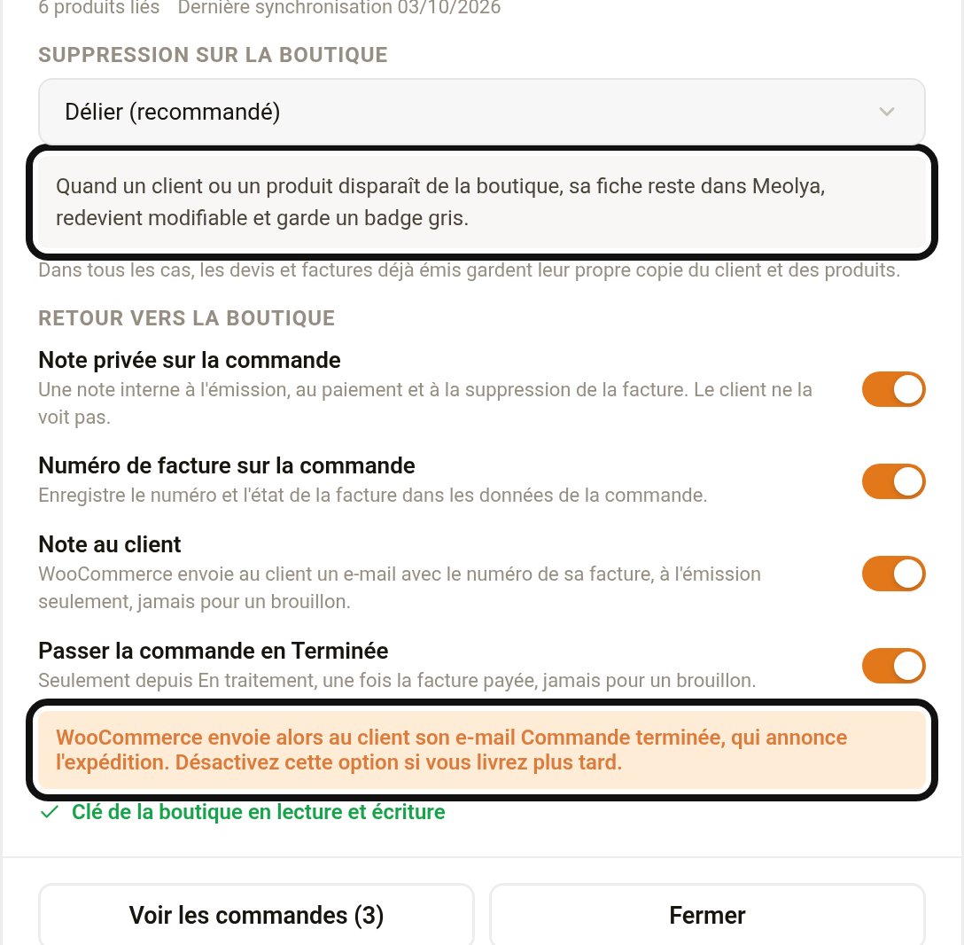 Réglages de suppression et de retour vers la boutique